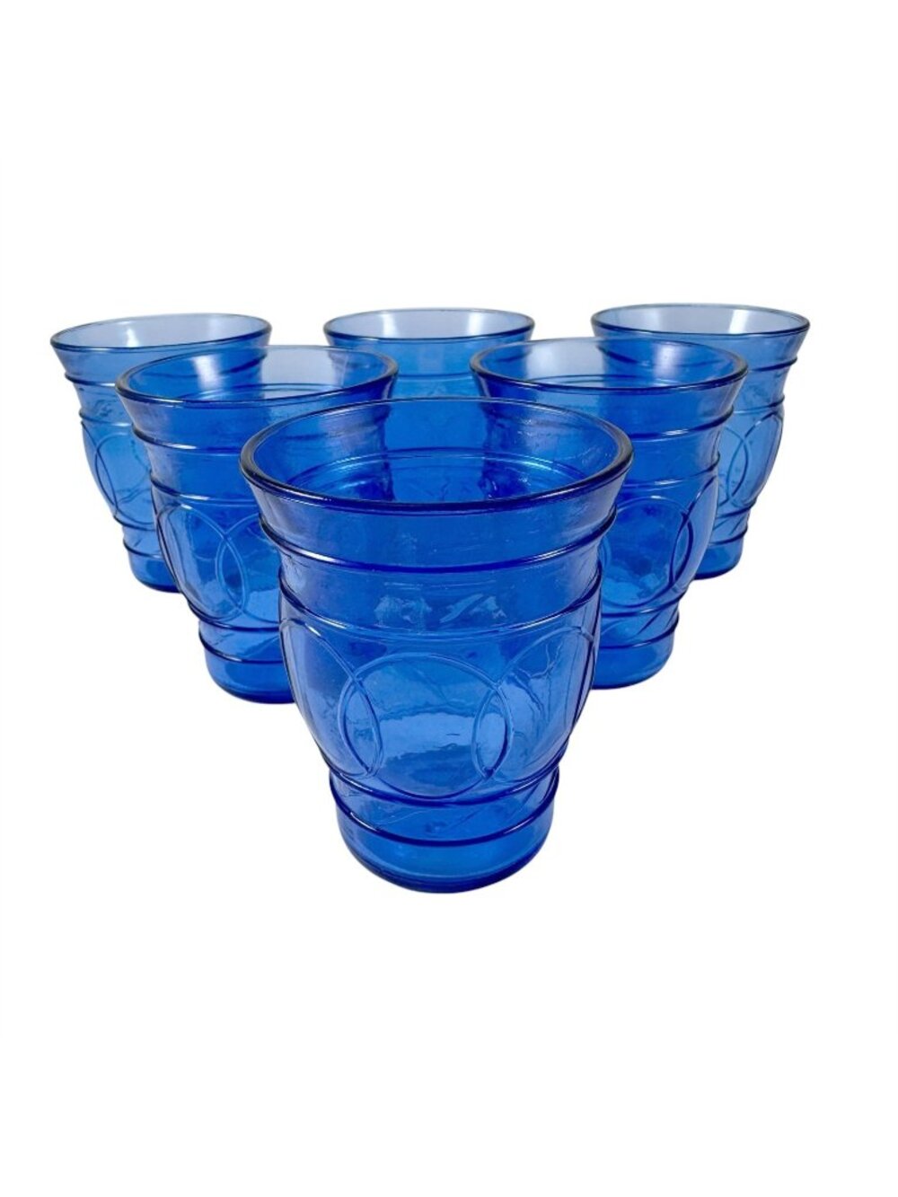Set of 6 Whiskey Glasses Maryland Glass Cobalt Blue Ring of Rings Vintage 1940s